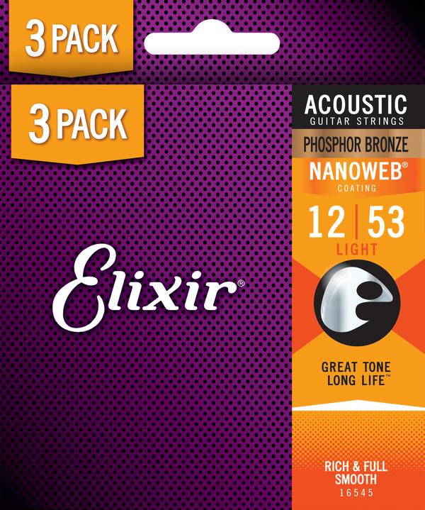 Elixir 16545 Acoustic Phosphor Bronze Nano Custom Light 3-Pack 12-53