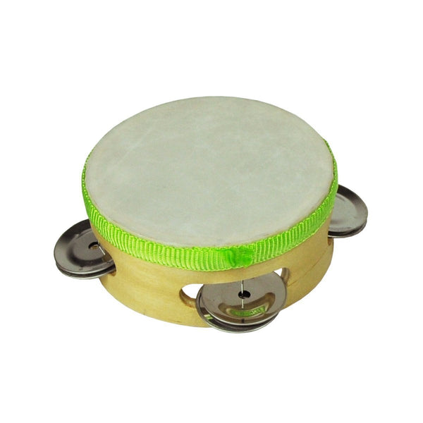 WOODEN HEADED TAMBOURINE 4 INCH WITH 3 PAIR JINGLES - NATURAL