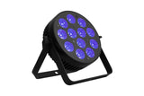Lite Series LED Flat Par with 12 x 4W UV LEDs- Aluminium Fanless Housing- IEC in/out- 3 pin DMX in/out- 40° Beam Angle and IR Remote Include