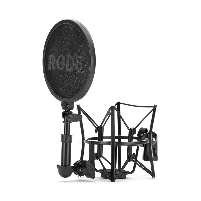 Professional shock mount with integrated pop shield for RODE Studio series microphones.