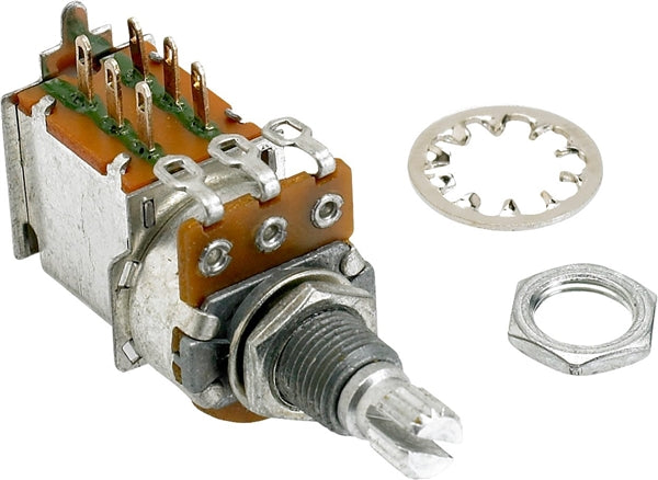 250K Push/Pull Split Shaft Potentiometer. Add a coil tap or phase switch to your guitar without drilling extra holes. Mounting hardware included.